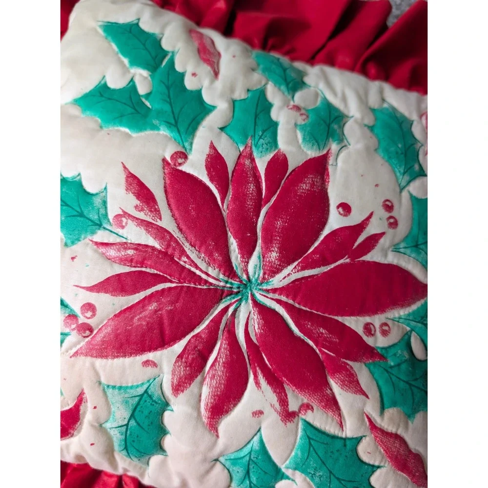 Vintage Christmas Poinsettia Holly Quilted Ruffle Throw Pillow Red Green 16x16